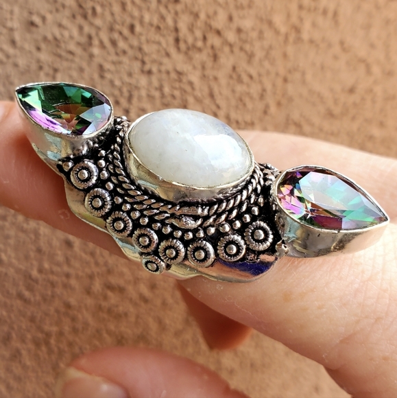 New Rainbow Moonstone & Mystic Topaz Silver Statement Ring. - Picture 8 of 11